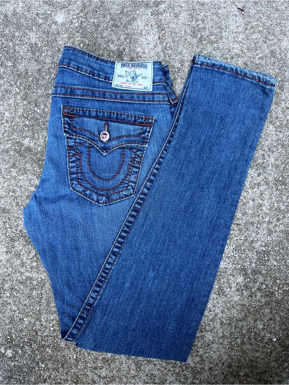 Y2K Vintage True Religion Low Rise Skinny Jeans Medium Blue Pink Rhinestone Stud